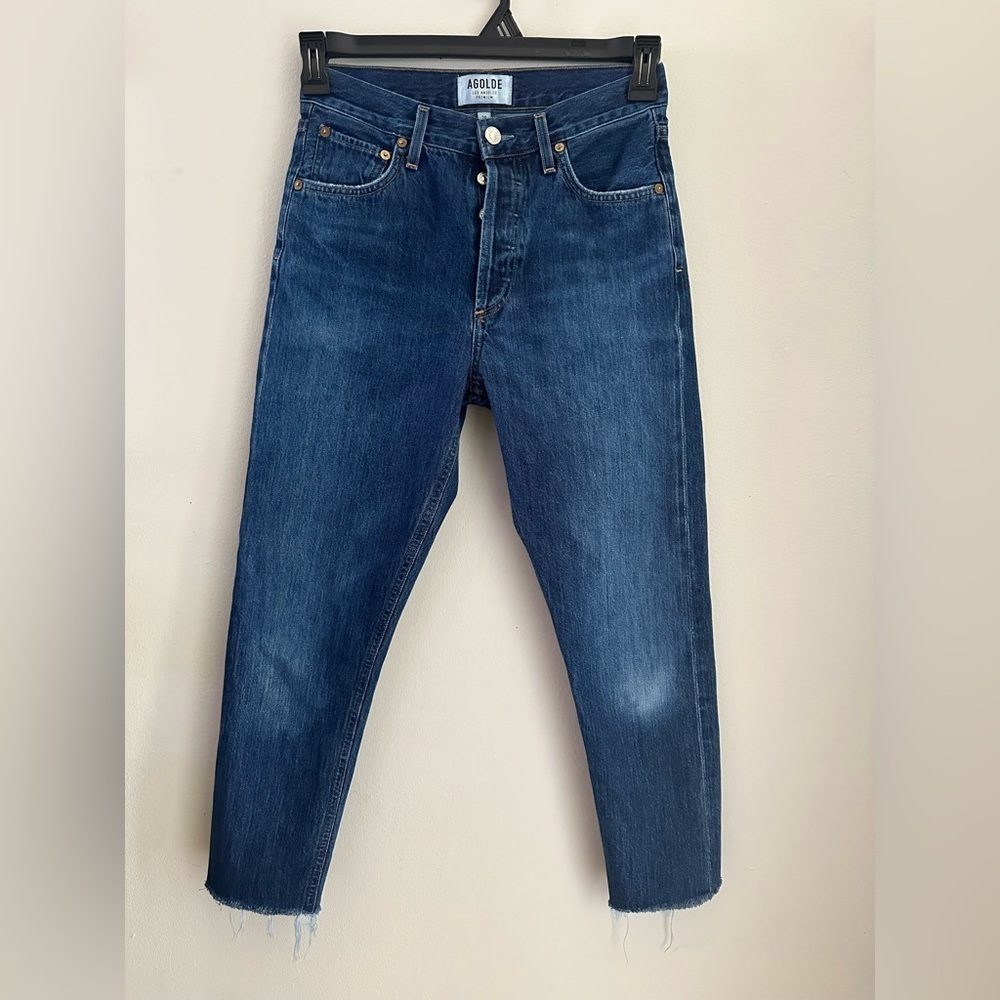 Agolde Jamie High Rise Classic Jeans Blue 100% Cotton Raw Hem Blue Size 24